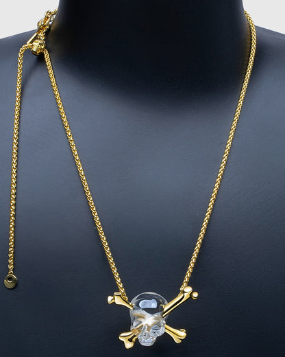 Gem Skull Pendant Necklace of Quartz Rock Crystal Carved Skull with Crossbones in 18K Gold-Plated 925 Sterling Silver
