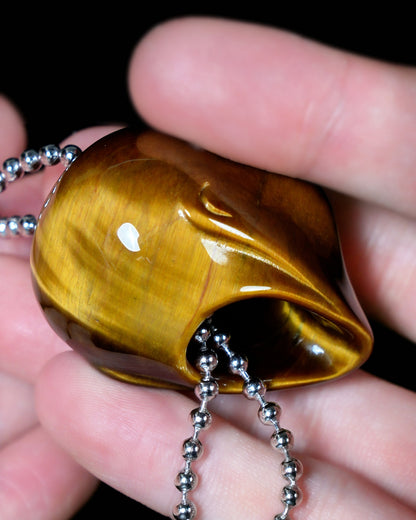 Gem Skull Pendant Necklace of Gold Tiger's Eye Carved Hollow Alien with 925 Sterling Silver Chain - 9900193