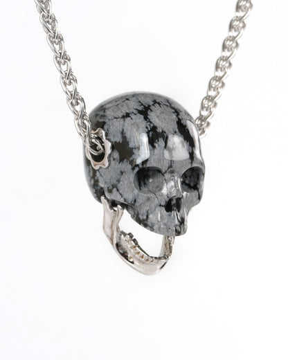 Gem Skull Pendant Necklace of Snowflake Obsidian Hand Carved Skull with Movable Jaw in 925 Sterling Silver - ZR19900270