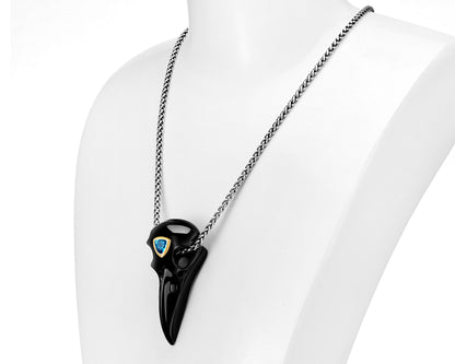 Gem Raven Pendant Necklace of Black Obsidian Crystal Raven with Blue Sky Topaz Eye