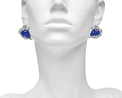 Gem Skull Earrings of Lapis Lazuli Carved Skull with 925 Sterling Silver Hand Bones