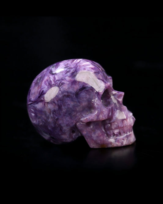 1.3" Russian Charoite Carved Gem Skull, Skullis Realistic - 0800049