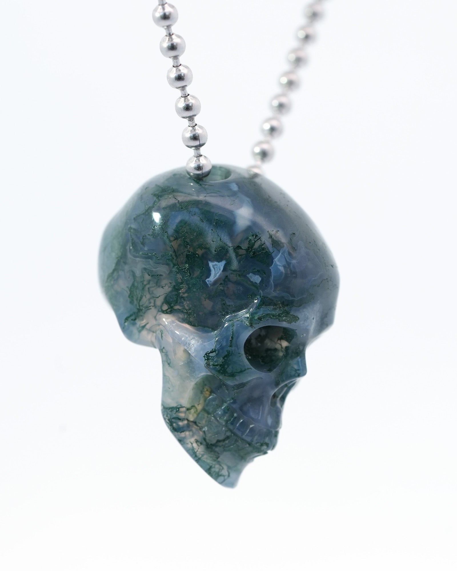 Gem Skull Pendant Necklace of Green Moss Agate Carved Hollow Skull with 925 Sterling Silver Chain - 4814084 Skull