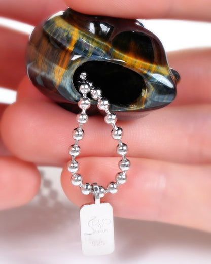 Eternal Night Elf - Gem Skull Pendant Necklace of Blue & Gold Tiger's Eye Carved Hollow Fairy Elf Alien with 925 Silver Chain - 9800548