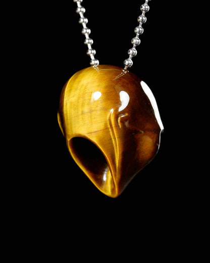 Gem Skull Pendant Necklace of Gold Tiger's Eye Carved Hollow Alien with 925 Sterling Silver Chain - 9900193