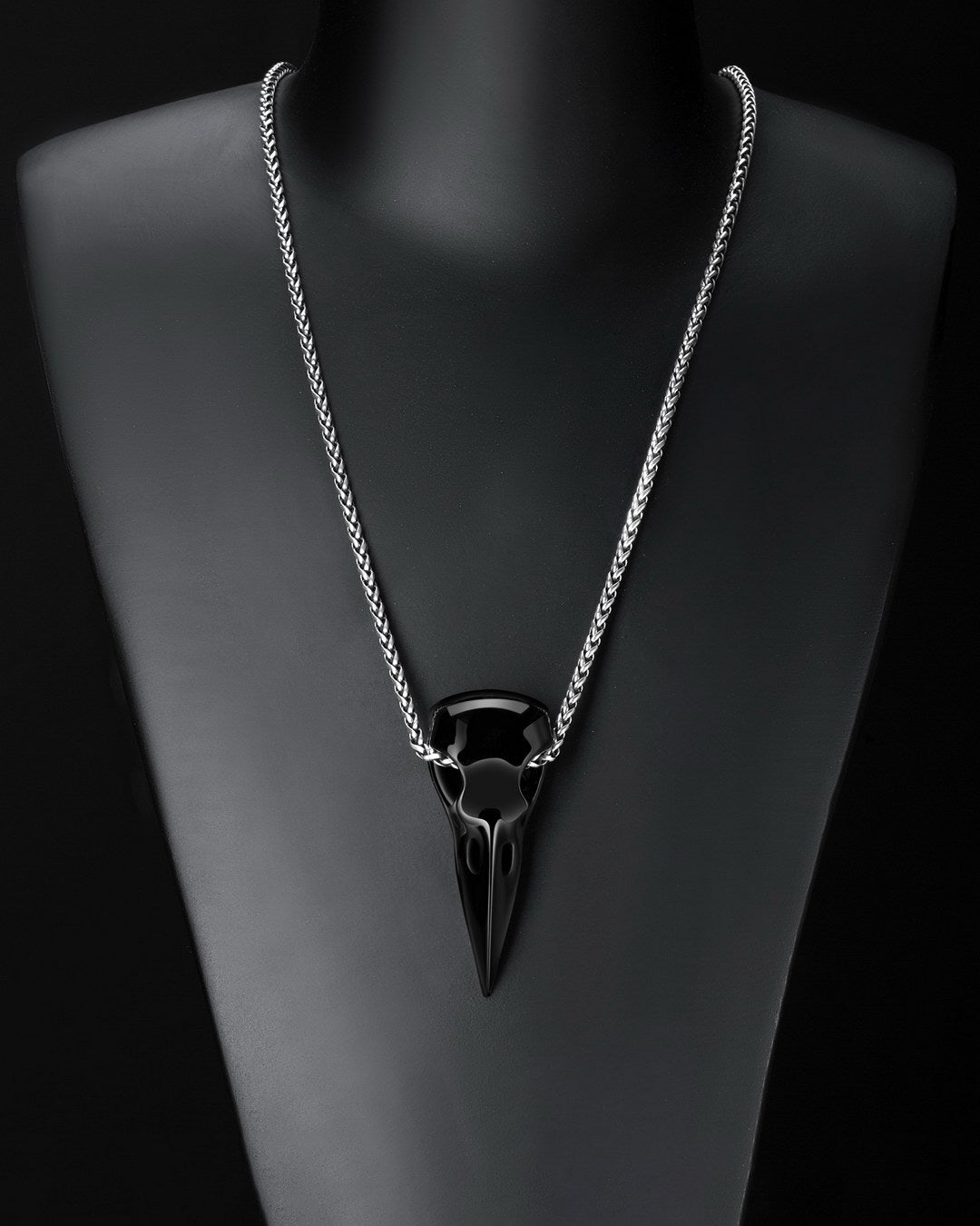 Gem Raven Pendant Necklace Of Black Obsidian Carved Raven Skull Pendants