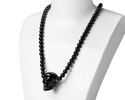 Gem Skull Pendant Necklace of Black Obsidian Carved Skull and Beads