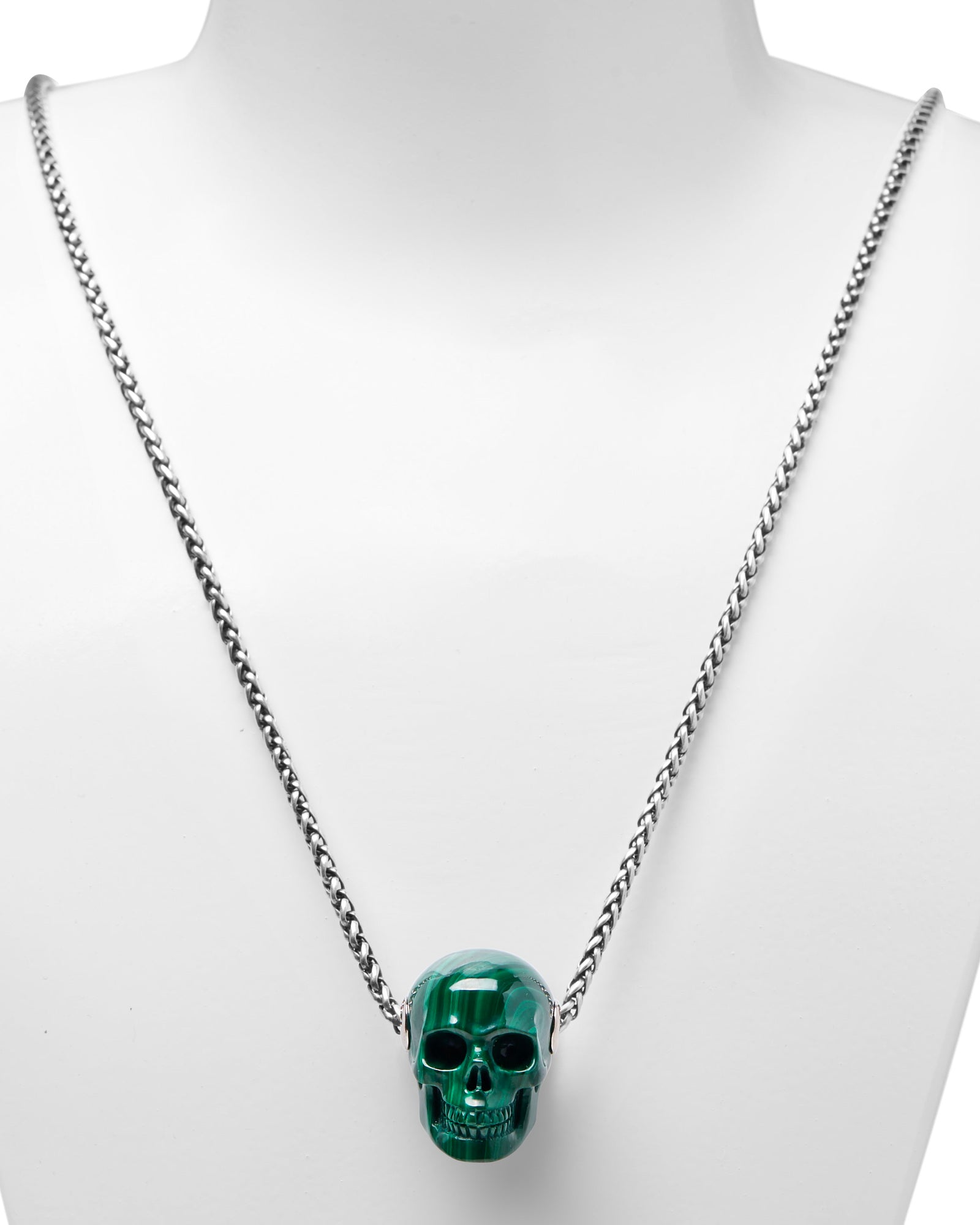 Gem Skull Pendant Necklace Of Malachite Carved Skull In 925 Sterling Silver