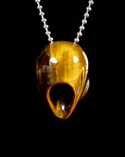Gem Skull Pendant Necklace of Gold Tiger's Eye Carved Hollow Alien with 925 Sterling Silver Chain - 9900193
