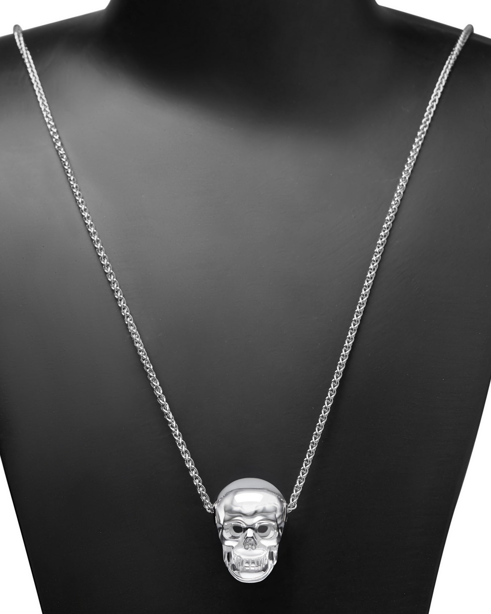 Gem Skull Pendant Necklace Of Quartz Rock Crystal Carved Skull In Blackened Sterling Silver