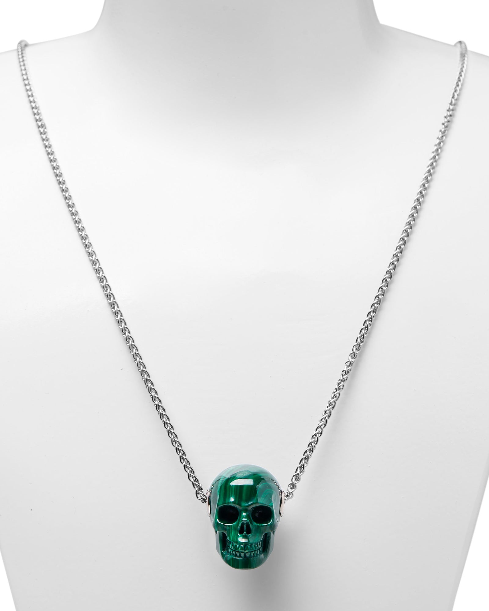 Gem Skull Pendant Necklace Of Malachite Carved Skull In 925 Sterling Silver