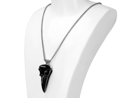 Gem Raven Pendant Necklace of Black Obsidian Carved Raven with Sword Necklace