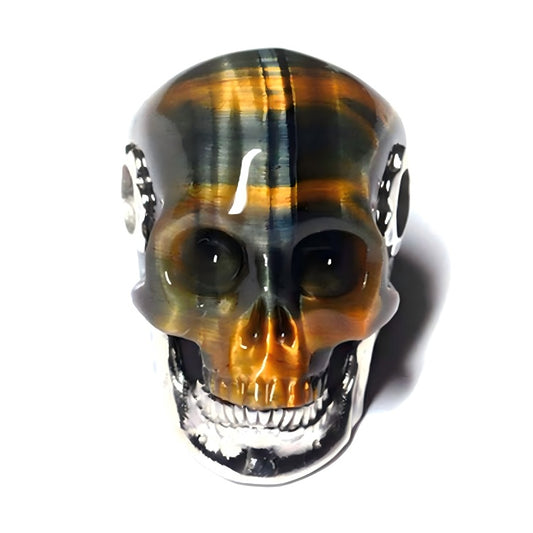 Gem Skull Pendant Necklace of Blue & Gold Tiger's Eye Carved Skull with Detachable Silver Jaw in 925 Sterling Silver