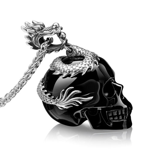 Gem Skull Pendant Necklace of Black Obsidian Carved Skull with Dragon in 925 Sterling Silver