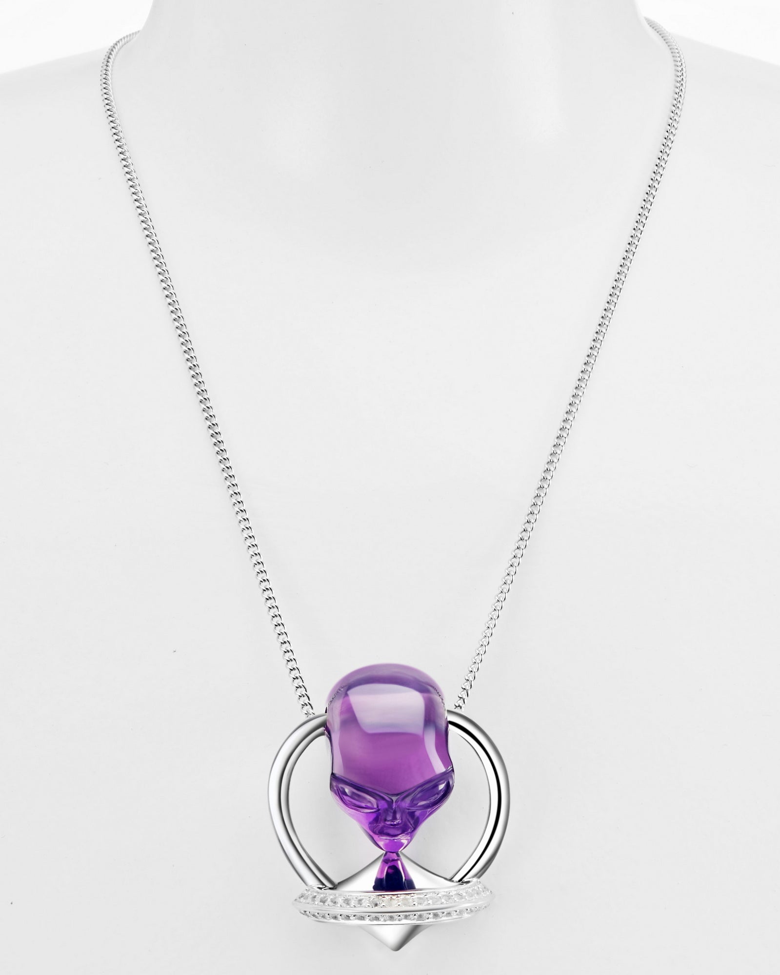Gem Skull Pendant Necklace Of Amethyst Carved Alien In 925 Silver Ufo Pendants