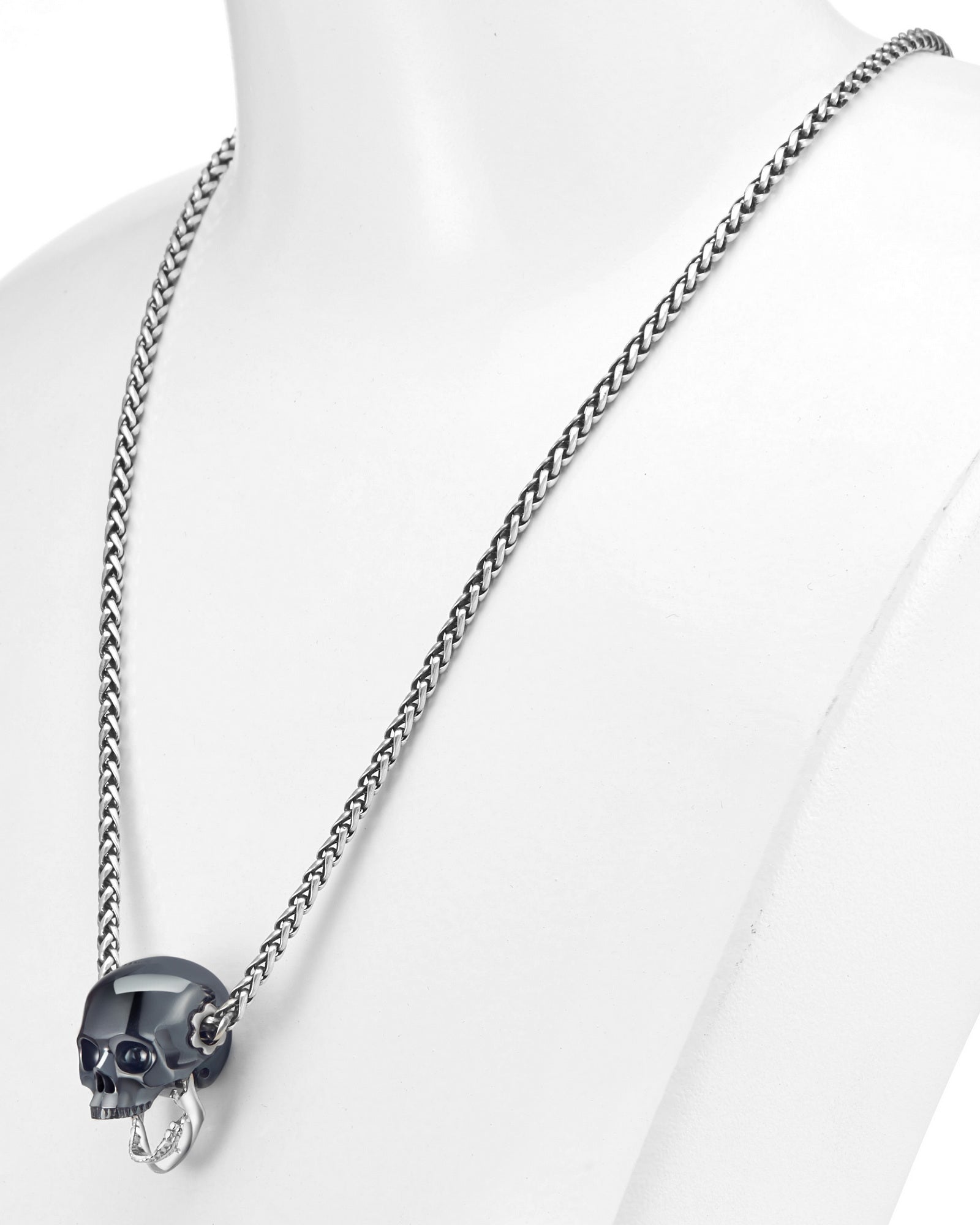 Gem Skull Pendant Necklace Of Hematite Carved Skull With Detachable Silver Jaw In Sterling