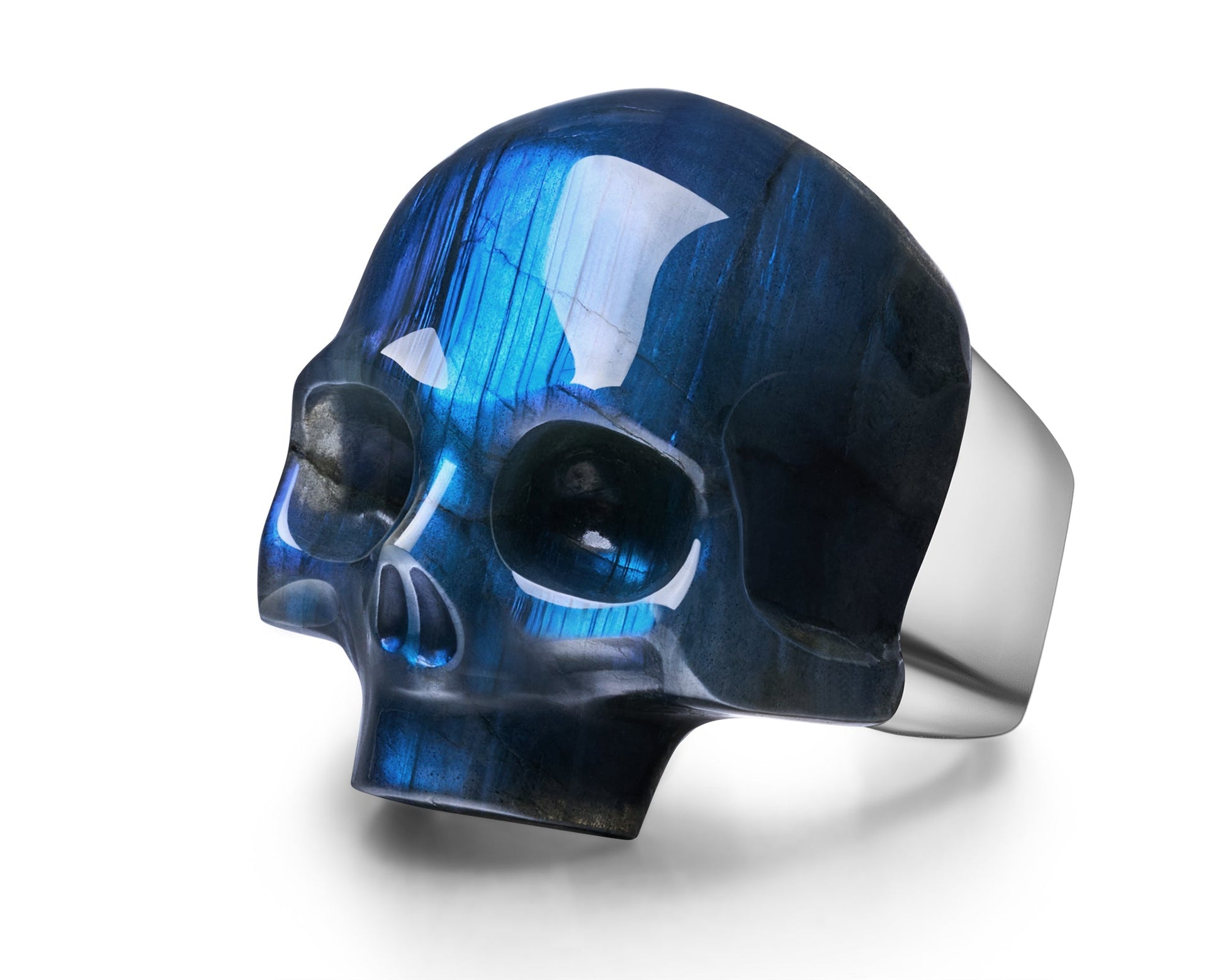 Skullis Signature Labradorite Gem Skull Ring Hand Carved Sterling Silver for Women & Men Skull Rings