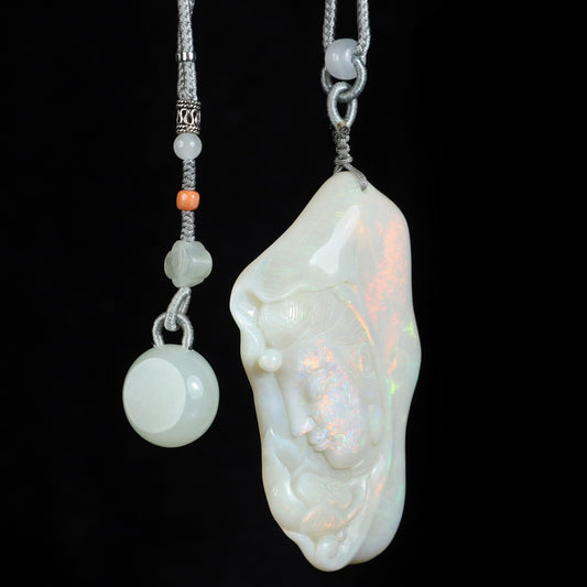 Stunning Unique Gem Pendant Necklace of Australian Opal Carved the Kwan-yin - 2651148