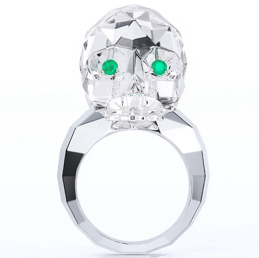 Gem Skull Ring of Quartz Rock Crystal Carved Faceted Skull with Emerald Eyes in 925 Sterling Silver