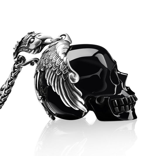 Gem Skull Pendant Necklace of Black Obsidian Carved Skull with Phoenix in 925 Sterling Silver