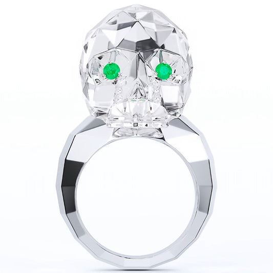 Gem Skull Ring of Quartz Rock Crystal Carved Faceted Skull with Tsavorite Eyes in 925 Sterling Silver