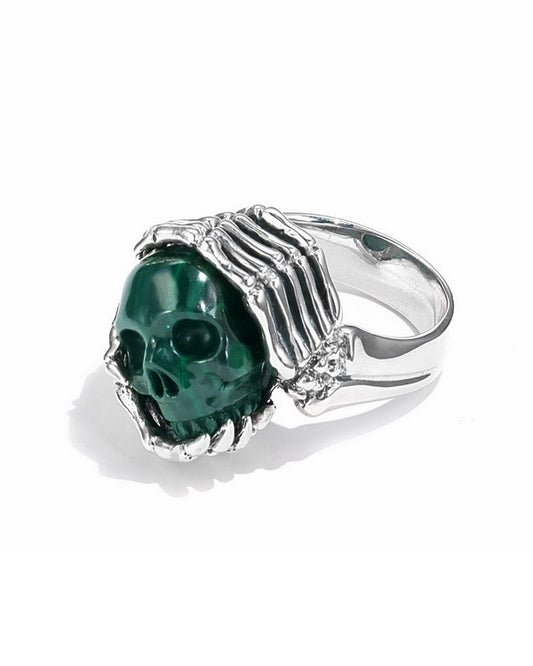 Gem Skull Ring of Malachite Carved Skull with Skeletal Hands in 925 Sterling Silver, US Size 12 - 0506413