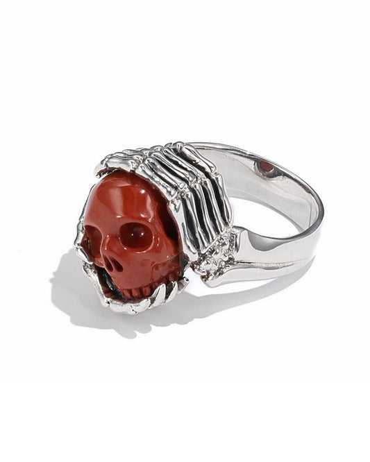 Gem Skull Ring of Red Jasper Carved Skull with Silver Skeletal Hands in 925 Sterling Silver, US Size 14 - 0506414