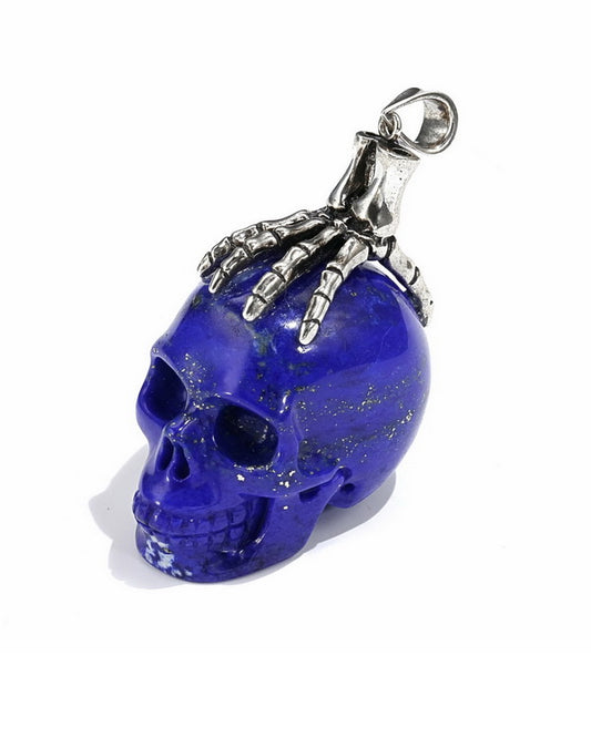 Gem Skull Pendant Necklace of Lapis Lazuli Carved Skull with Skeleton Hand in 925 Sterling Silver - 0506513