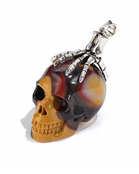 Gem Skull Pendant Necklace of Mookaite Jasper Carved Skull with Skeleton Hand in 925 Sterling Silver - 0506514