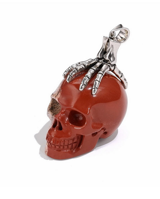 Gem Skull Pendant Necklace of Red Jasper Carved Skull with Skeleton Hand in 925 Sterling Silver -0506515