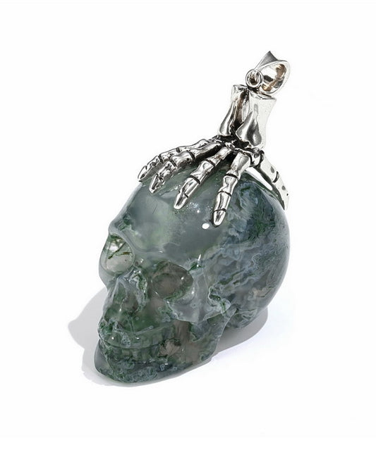 Gem Skull Pendant Necklace of Green Moss Agate Carved Skull with Skeleton Hand in 925 Sterling Silver - 0506517