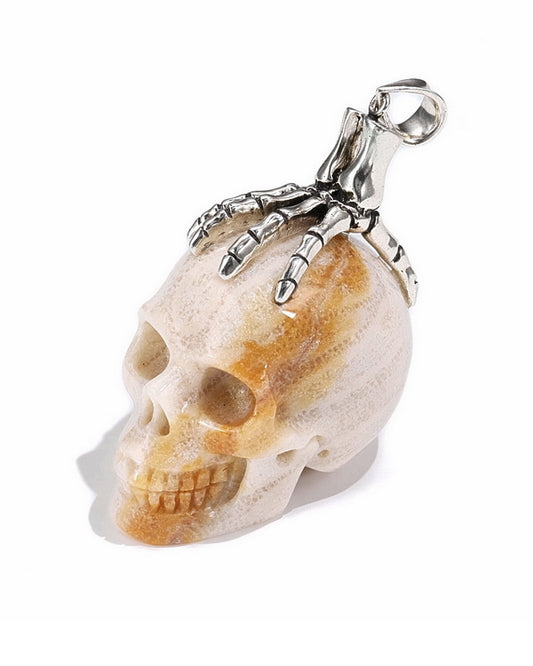 Gem Skull Pendant Necklace of Coral Fossil Carved Skull with Skeleton Hand in 925 Sterling Silver - 0506529