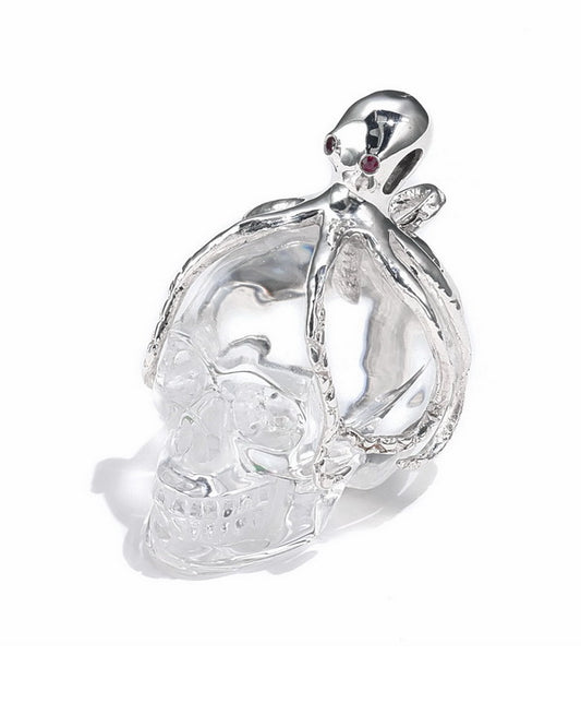 Gem Skull Pendant Necklace of Quartz Rock Crystal Carved Skull with Ruby Eyes Octopus in 925 Sterling Silver - 0506574