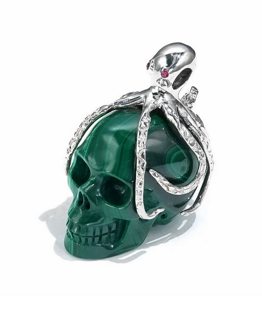 Gem Skull Pendant Necklace of Malachite Carved Skull with Ruby Eyes Octopus in 925 Sterling Silver - 0506575