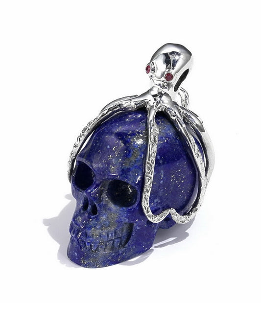 Gem Skull Pendant Necklace of Lapis Lazuli Carved Skull with Ruby Eyes Octopus in 925 Sterling Silver - 0506576