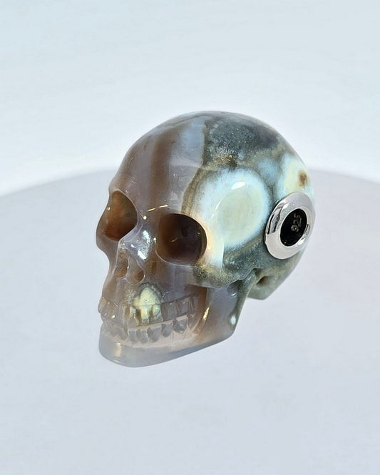 Skullis Signature Ocean Jasper Gem Skull Pendant or Necklace, Hand Carved, Sterling Silver .925 Chain, for Women & Men