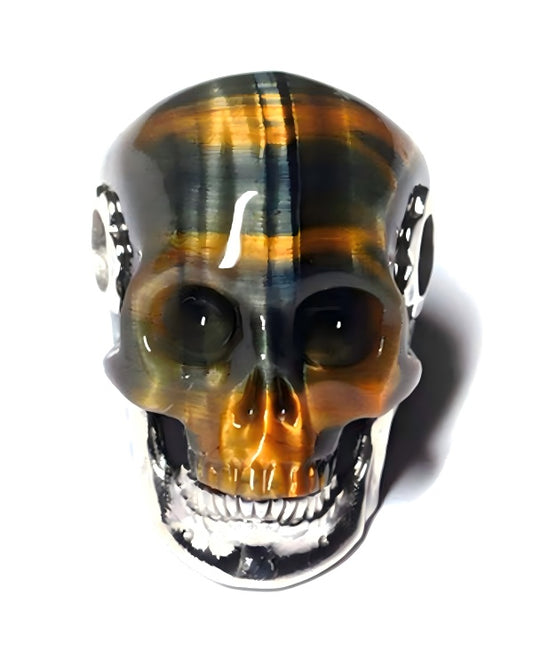 Gem Skull Pendant Necklace of Blue & Gold Tiger's Eye Carved Skull with Detachable Silver Jaw in 925 Sterling Silver