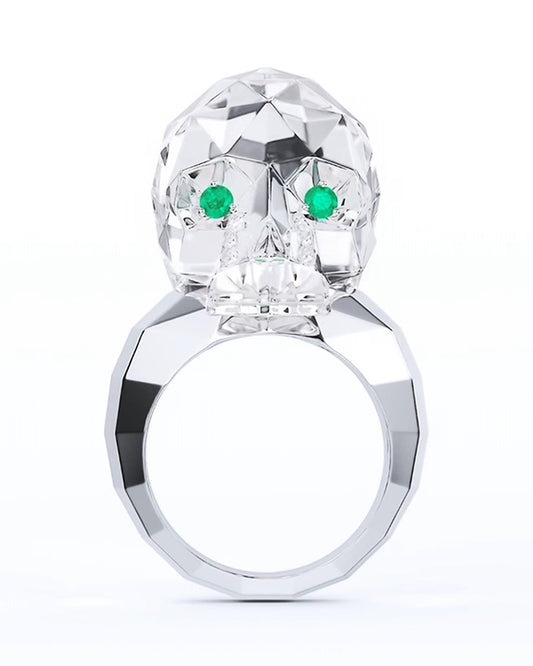 Gem Skull Ring of Quartz Rock Crystal Carved Faceted Skull with Emerald Eyes in 925 Sterling Silver