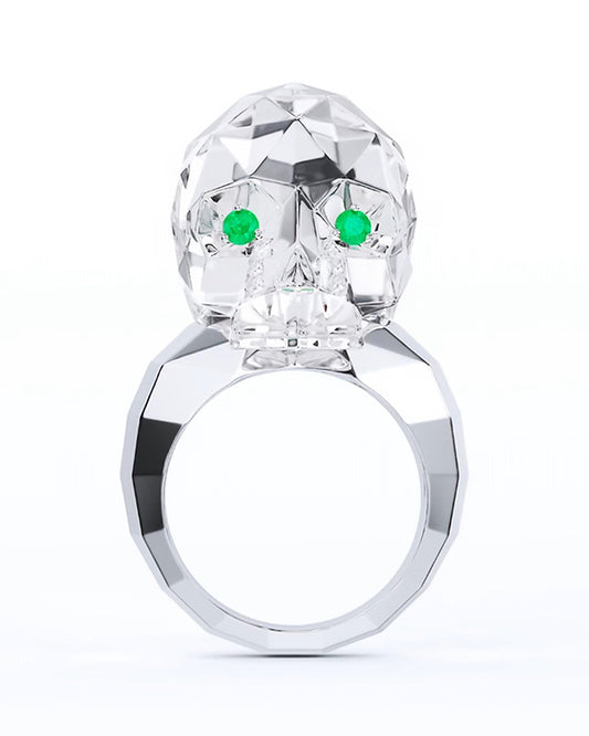 Gem Skull Ring of Quartz Rock Crystal Carved Faceted Skull with Tsavorite Eyes in 925 Sterling Silver