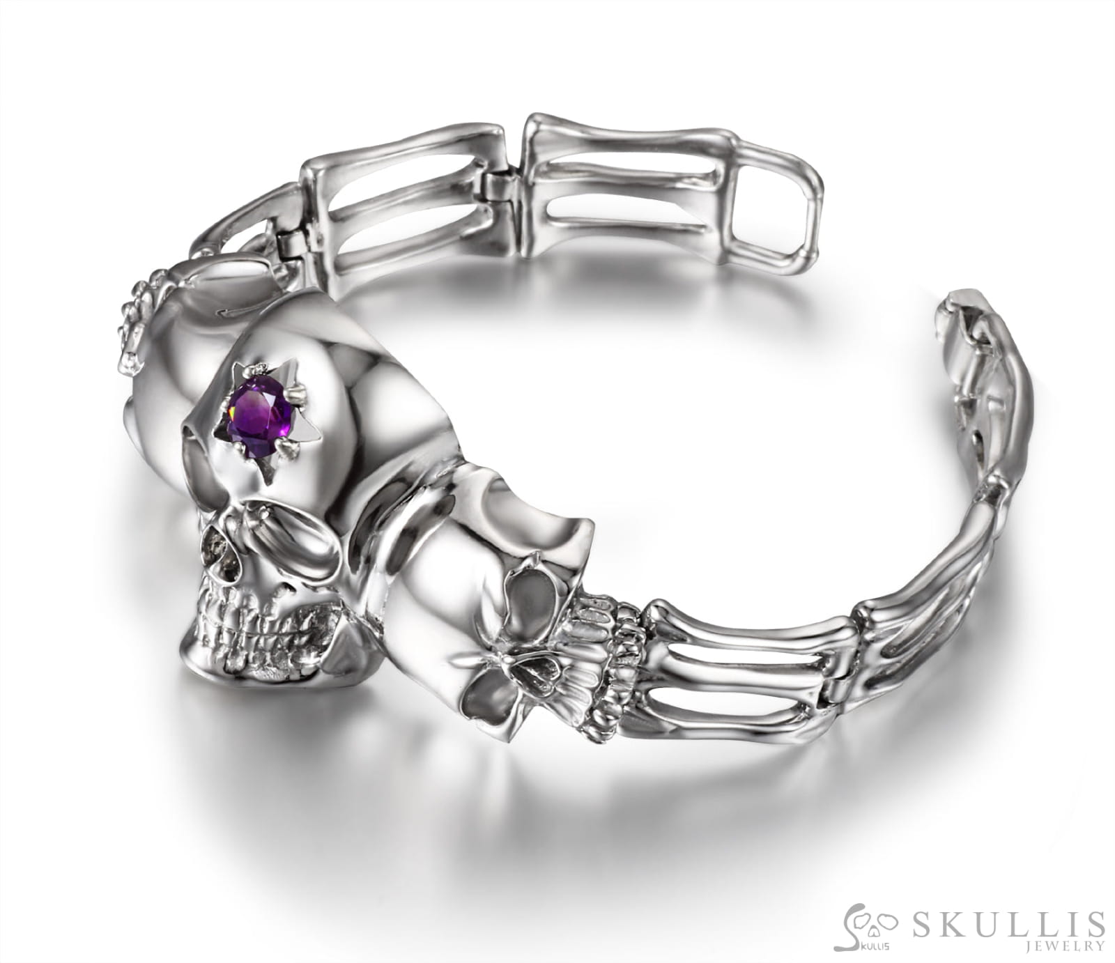 925 Sterling Silver Skull Bracelet With Amethyst Skull Bracelets