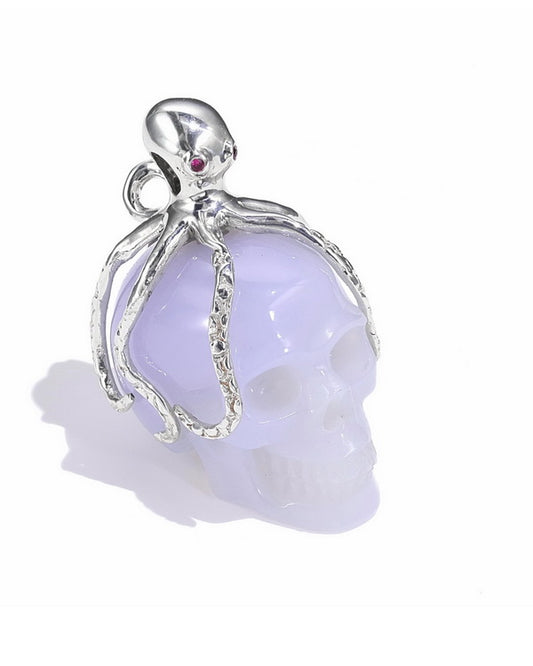 Gem Skull Pendant Necklace of Blue Chalcedony Carved Skull with Ruby Eyes Octopus in 925 Sterling Silver - 9500016