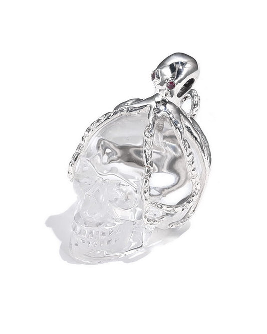 Gem Skull Pendant Necklace of Quartz Rock Crystal Carved Skull with Ruby Eyes Octopus in 925 Sterling Silver - 9500017