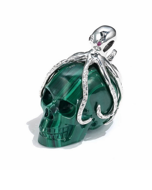 Gem Skull Pendant Necklace of Malachite Carved Skull with Ruby Eyes Octopus in 925 Sterling Silver - 9500018