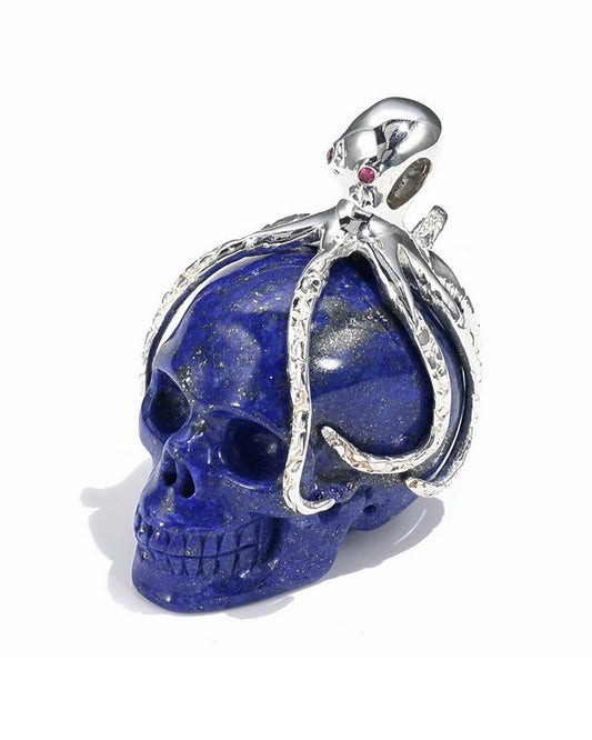 Gem Skull Pendant Necklace of Lapis Lazuli Carved Skull with Ruby Eyes Octopus in 925 Sterling Silver - 9500019