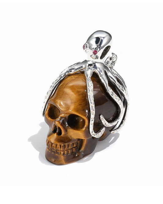 Gem Skull Pendant Necklace of Gold Tiger Eye Carved Skull with Ruby Eyes Octopus in 925 Sterling Silver - 9500020