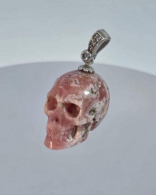 Gem Skull Pendant Necklace of Rhodochrosite Carved Skull with Silver Bail in Sterling Silver