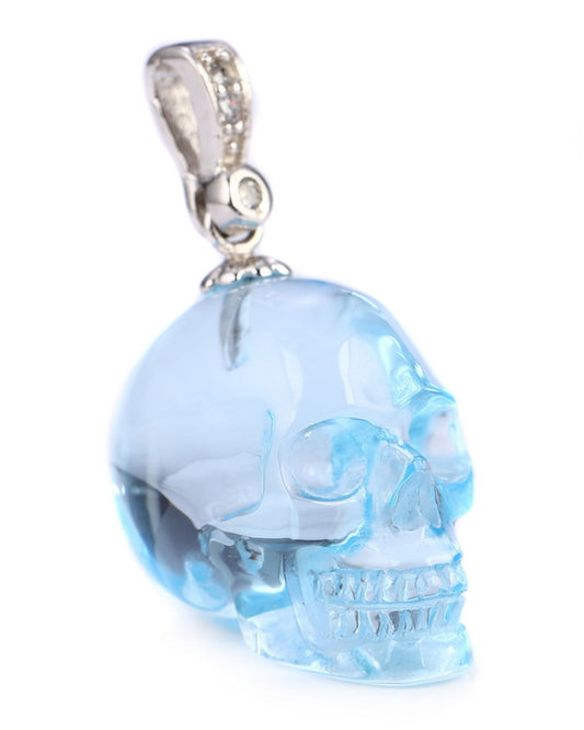 Gem Skull Pendant Necklace of Sky Blue Topaz Carved Skull with Bail in Sterling Silver - 9500032