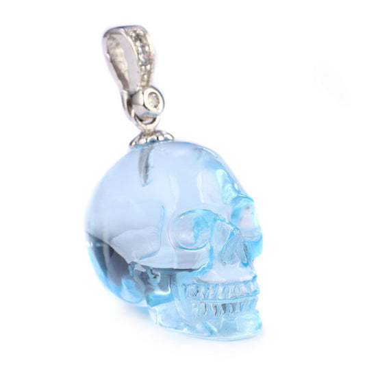 Gem Skull Pendant Necklace of Sky Blue Topaz Carved Skull with Bail in Sterling Silver - 9500032