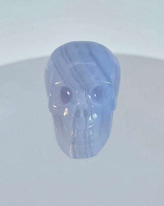 0.9" Blue Lace Agate Carved Gem Skull, Skullis Realistic - 9500060