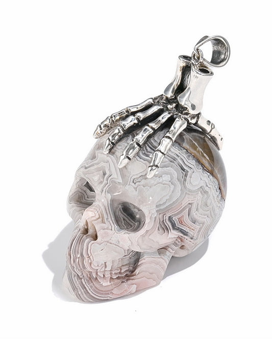 Gem Skull Pendant Necklace of Red Crazy Lace Agate Carved Skull with Skeleton Hand in 925 Sterling Silver - 9500078